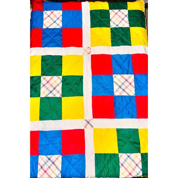 Vtg Quilt Blanket Sunbonnet Farmer Boy Girl 60x40" Red Yellow Blue Cottage Core - Picture 2 of 5